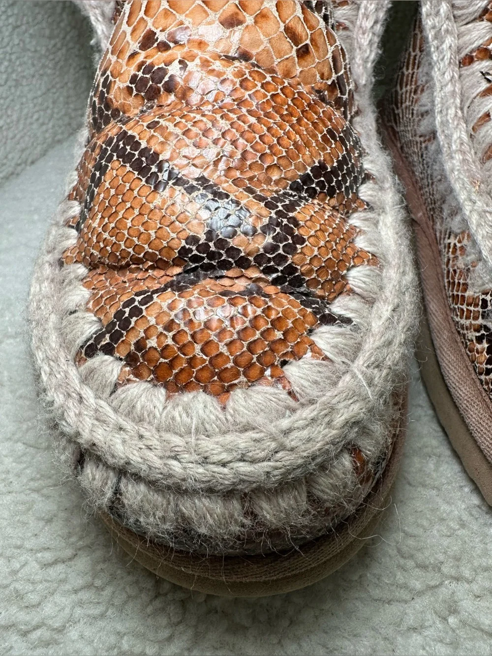 MOU Eskimo 18 Snake Python Print Shearling Ankle Boots Tan Cream Brown Winter 9